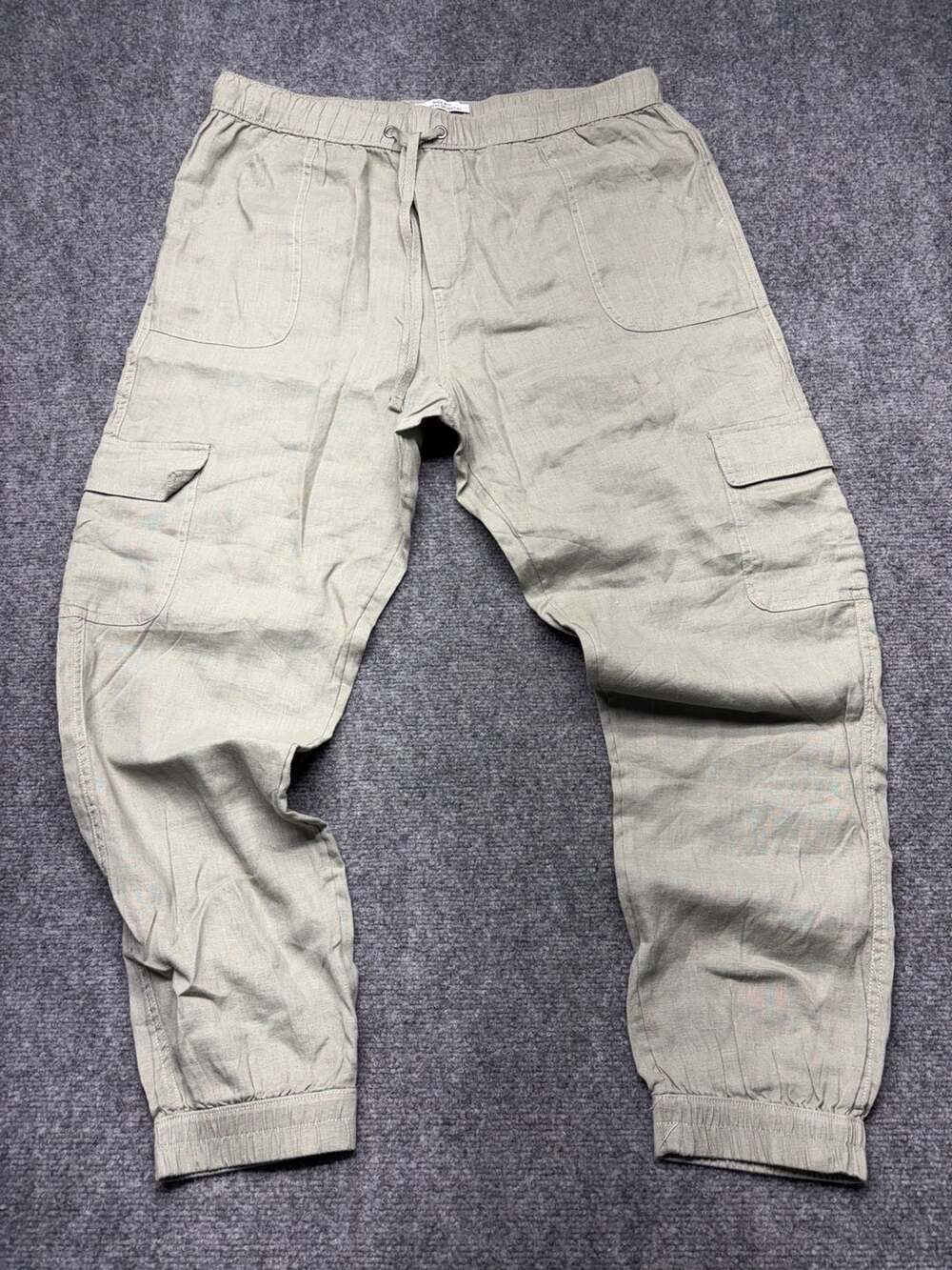 Nicole Miller New York 100% Linen Cargo Jogger Pants XL Sage Green Elastic Ankle
